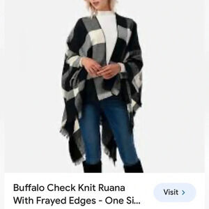 poncho wrap Buffalo check knit with frayed edges, neck-hem=27”  no content tag